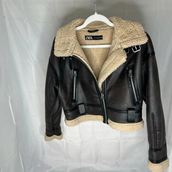 Zara Dark Brown Leather Jacket with Cream Shearling - Picture 6 of 7